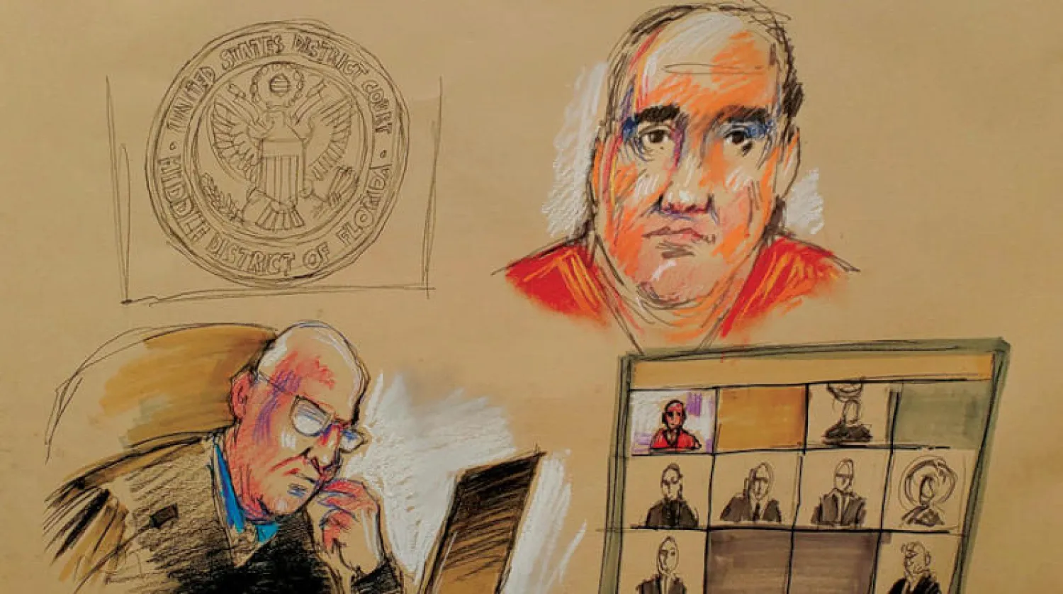 رسم لمثول ألكس صعب أمام محكمة في ميامي الاثنين (رويترز)