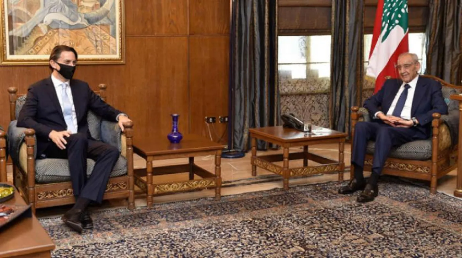Lebanon's Parliament Speaker Nabih Berri (R) meets with US Senior Advisor for Energy Security Amos Hochstein in the Lebanese capital Beirut. (Photo by AFP)