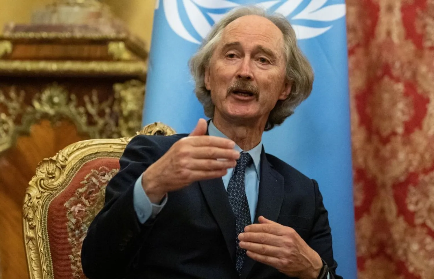 UN Special Envoy for Syria Geir Pedersen gestures while speaking during a meeting with Russian Foreign Minister Sergei Lavrov in Moscow, Russia July 22, 2021. (Reuters)