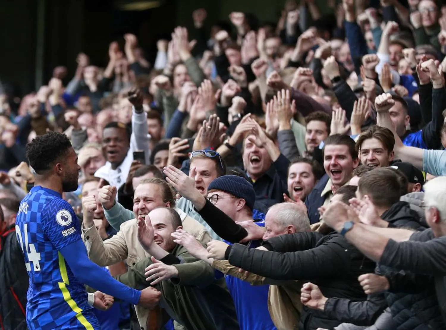 Chelsea’s Reece James celebrates after scoring his side’s third goal during the Premier League match between Chelsea and Norwich City at Stamford Bridge Stadium in London, Saturday, Oct. 23, 2021. (AP)