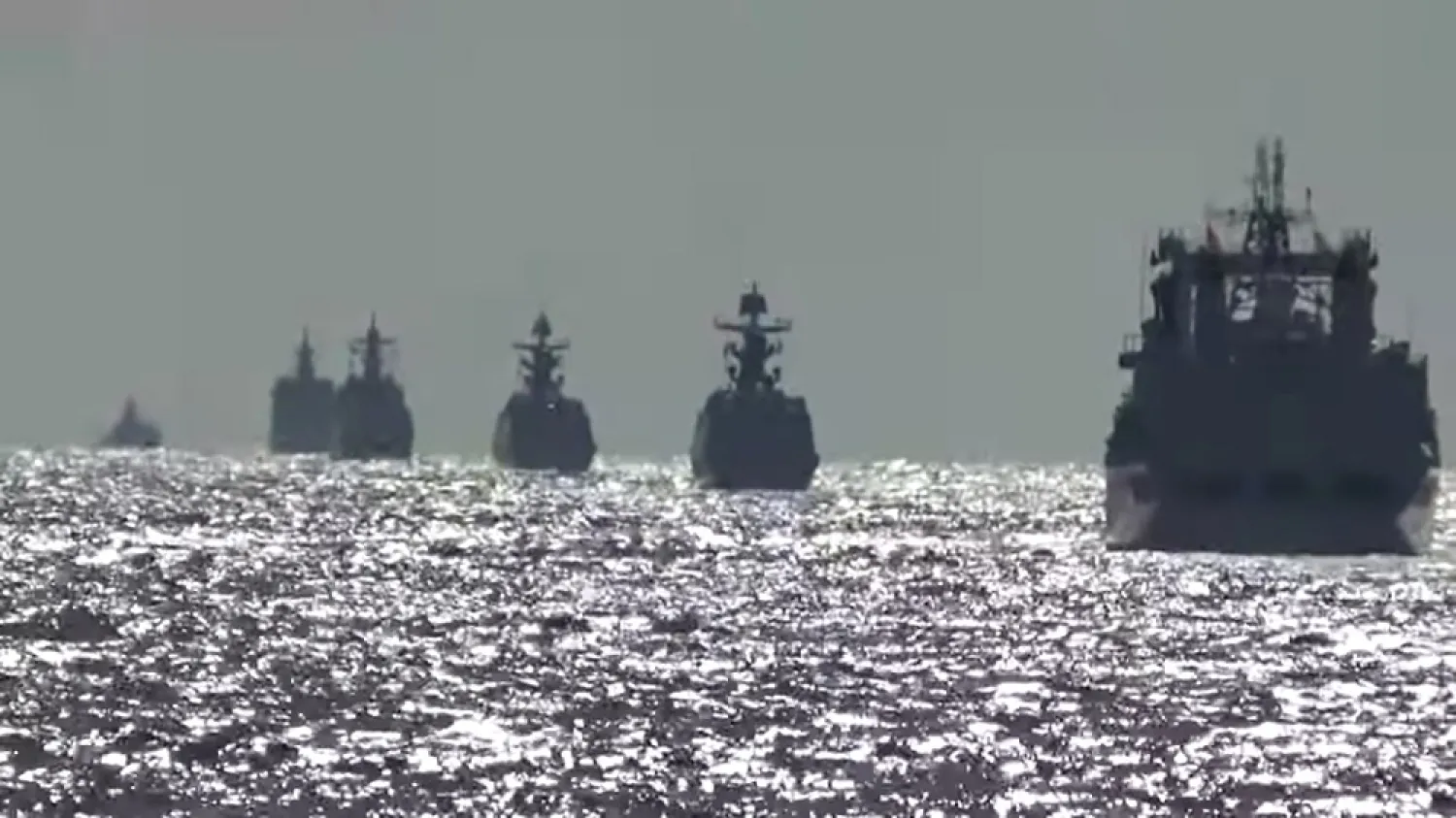 A group of naval vessels from Russia and China conduct a joint maritime military patrol in the waters of the Pacific Ocean, in this still image taken from video released on October 23, 2021. Russian Defense Ministry/Handout via Reuters