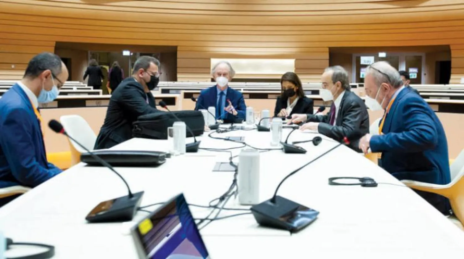 UN envoy Geir Pedersen with the heads of the Syrian government and opposition delegations, Ahmad al-Kuzbari and Hadi al-Bahra in Geneva. (United Nations)