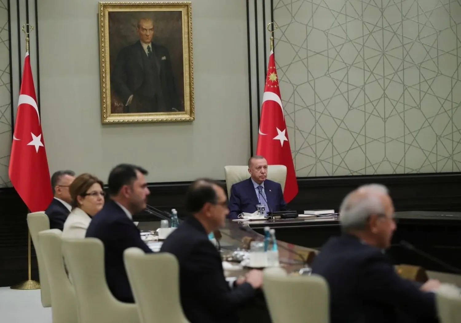 Turkish President Erdogan heads a cabinet meeting in Ankara, Turkey, October 25, 2021. (Reuters)