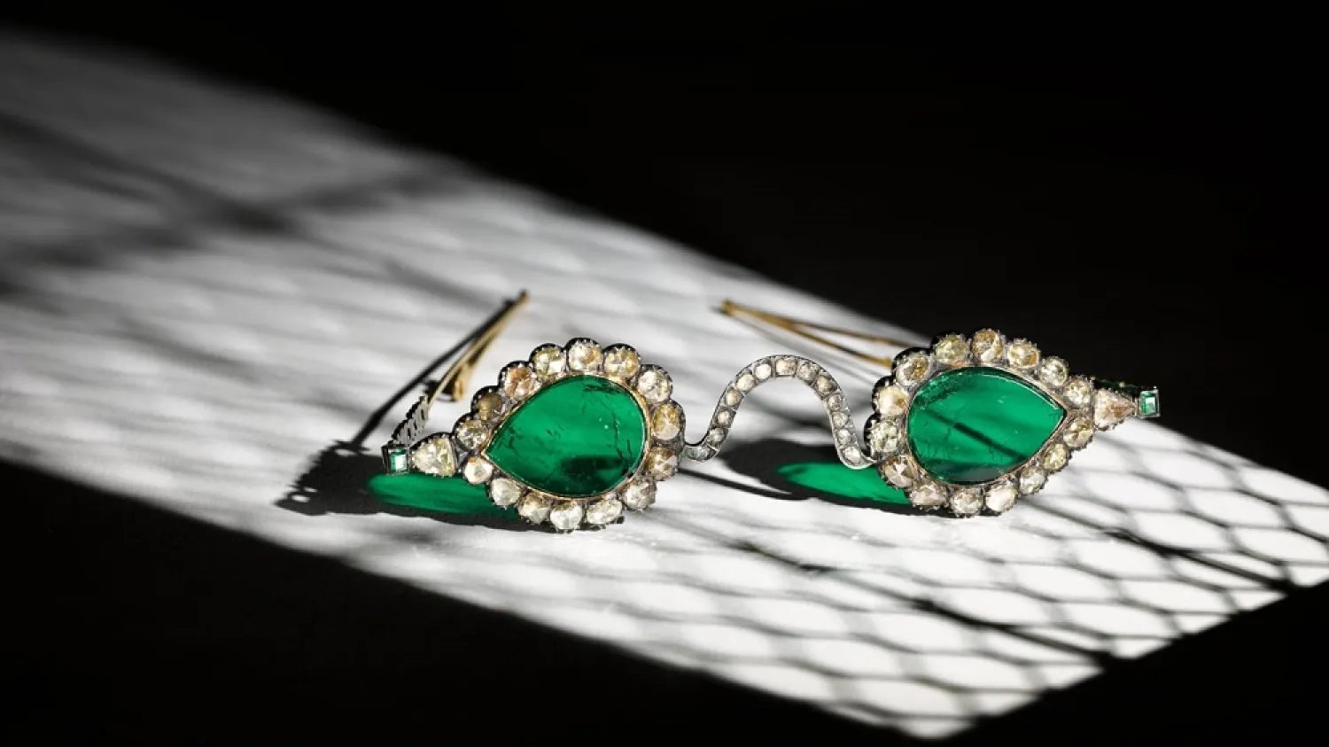 Two pairs of bejeweled Mughal-era spectacles set with diamond and emerald lenses are expected to fetch up to $3.5 million each when they are auctioned in London. (Sotheby’s)