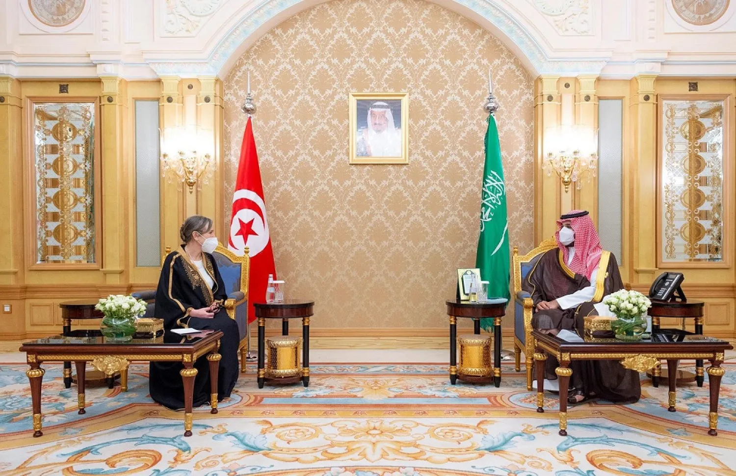 Crown Prince Mohammed meets with Tunisia’s Prime Minister Najla Bouden in Riyadh. (SPA)