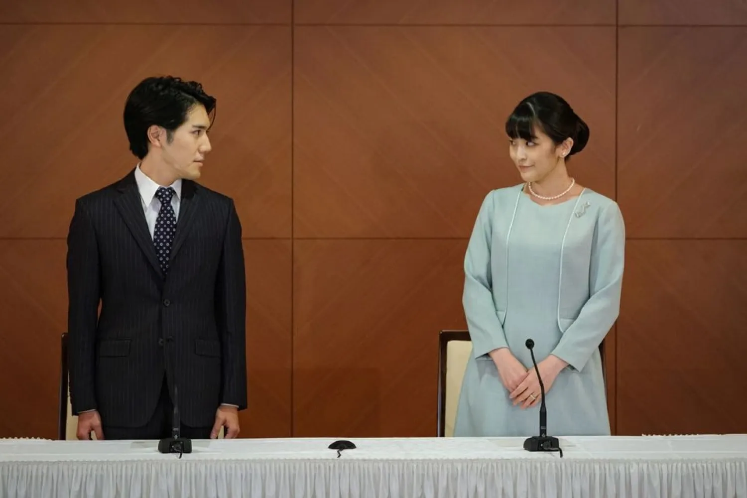 Japan’s Princess Mako and her husband Kei Komuro attend a news conference to announce their wedding at Grand Arc Hotel in Tokyo, Japan, October 26, 2021. (Reuters)