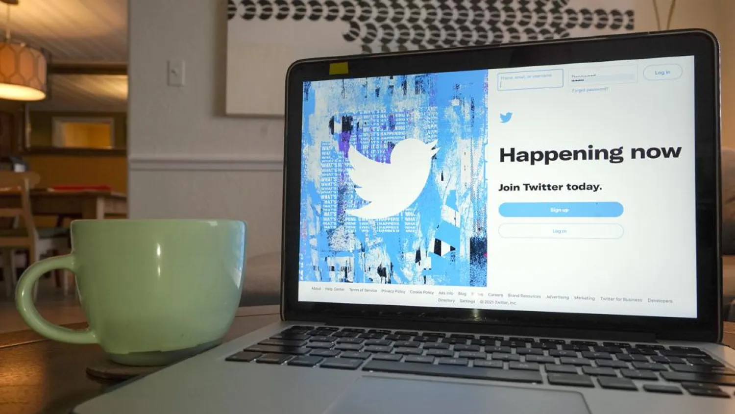 FILE - The login/sign up screen for a Twitter account is seen on a laptop computer Tuesday, April 27, 2021, in Orlando, Fla. (AP Photo/John Raoux)
