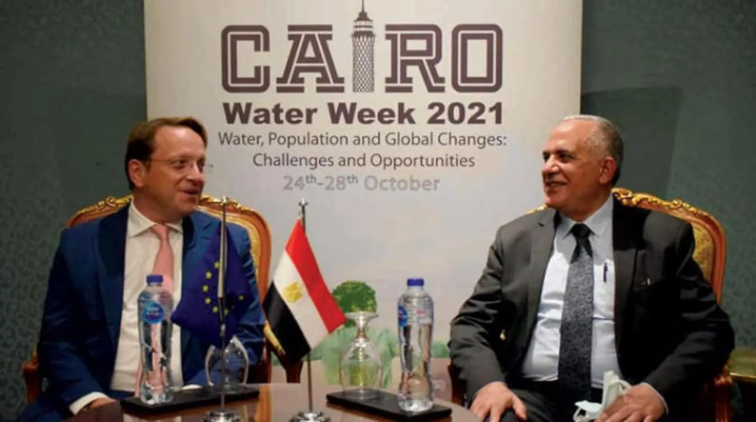 Egypt’s Minister of Water Resources and Irrigation, Mohamed Abdel Aty, meets with Oliver Varhelyi, the EU Commissioner for Neighborhood and Enlargement. (Asharq Al-Awsat)