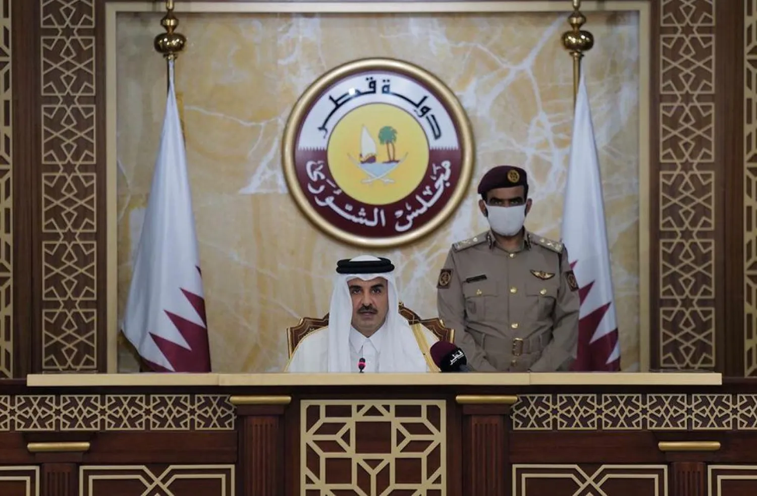 Emir Sheikh Tamim bin Hamad Al Thani, gives a speech to the Shura Council in Doha, Qatar, November 3, 2020. Qatar News Agency/Handout via Reuters