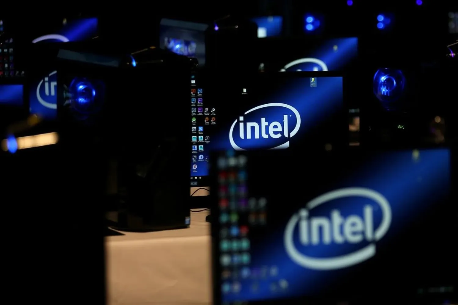 The Intel logo is displayed on computer screens at SIGGRAPH 2017 in Los Angeles, California, US July 31, 2017. (Reuters)