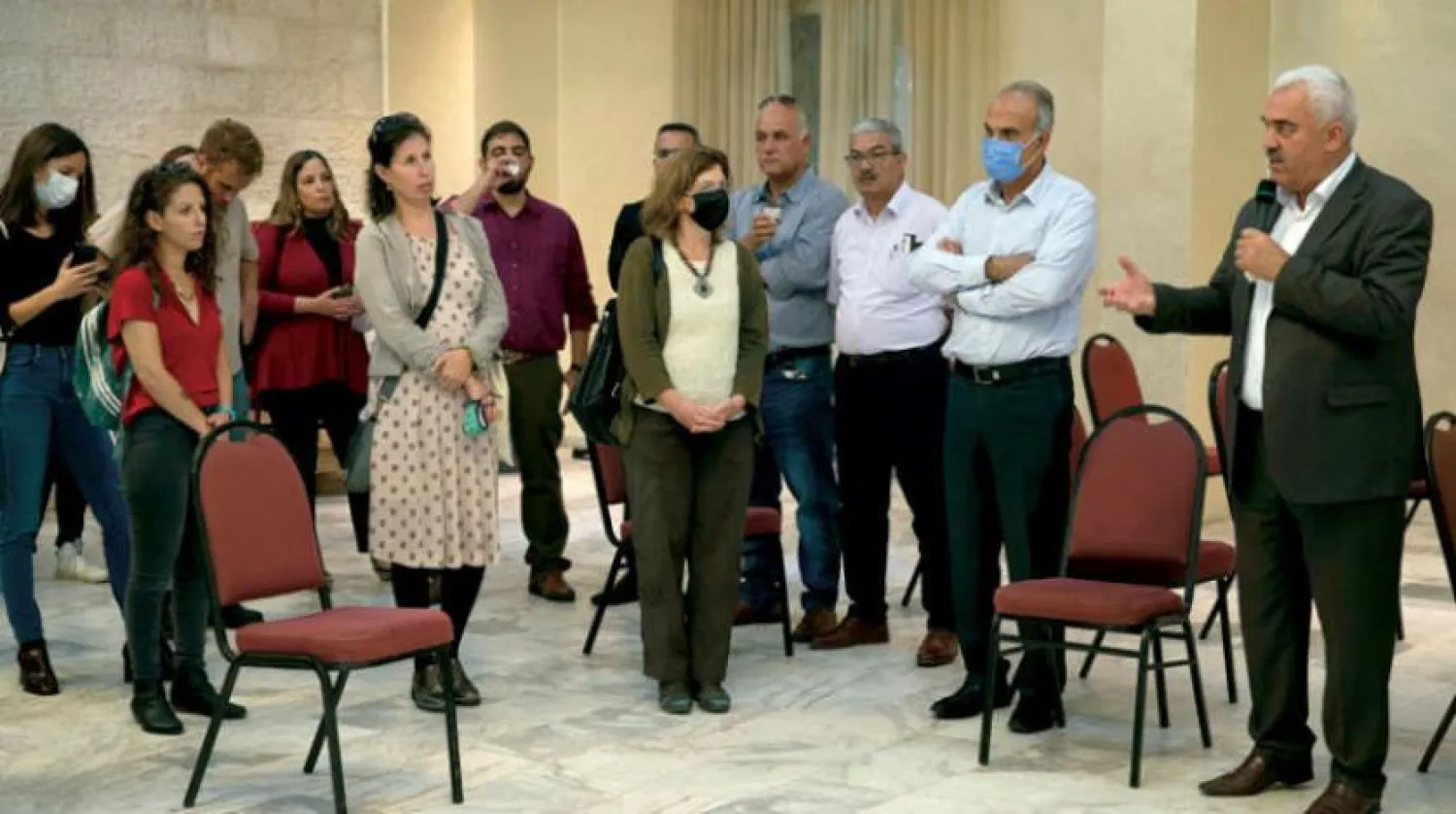 Palestinian Haq organization chair speaks during a rare solidarity meeting from Israeli rights organizations (AP)
