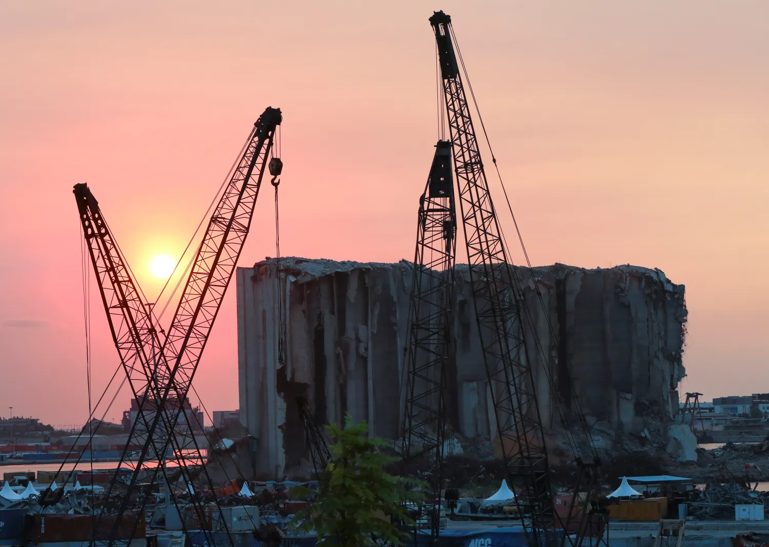 A view shows the grain silo that was damaged during last year's Beirut port blast, during sunset in Beirut, Lebanon, July 29, 2021. REUTERS/Mohamed Azakir