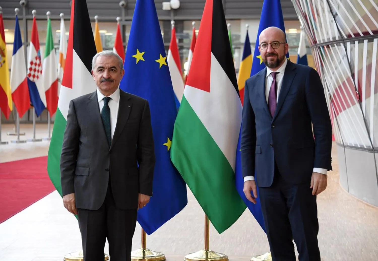 Palestinian Prime Minister Mohammad Shtayyeh held a meeting Wednesday with the President of the European Council, Charles Michel, in Brussels (WAFA)