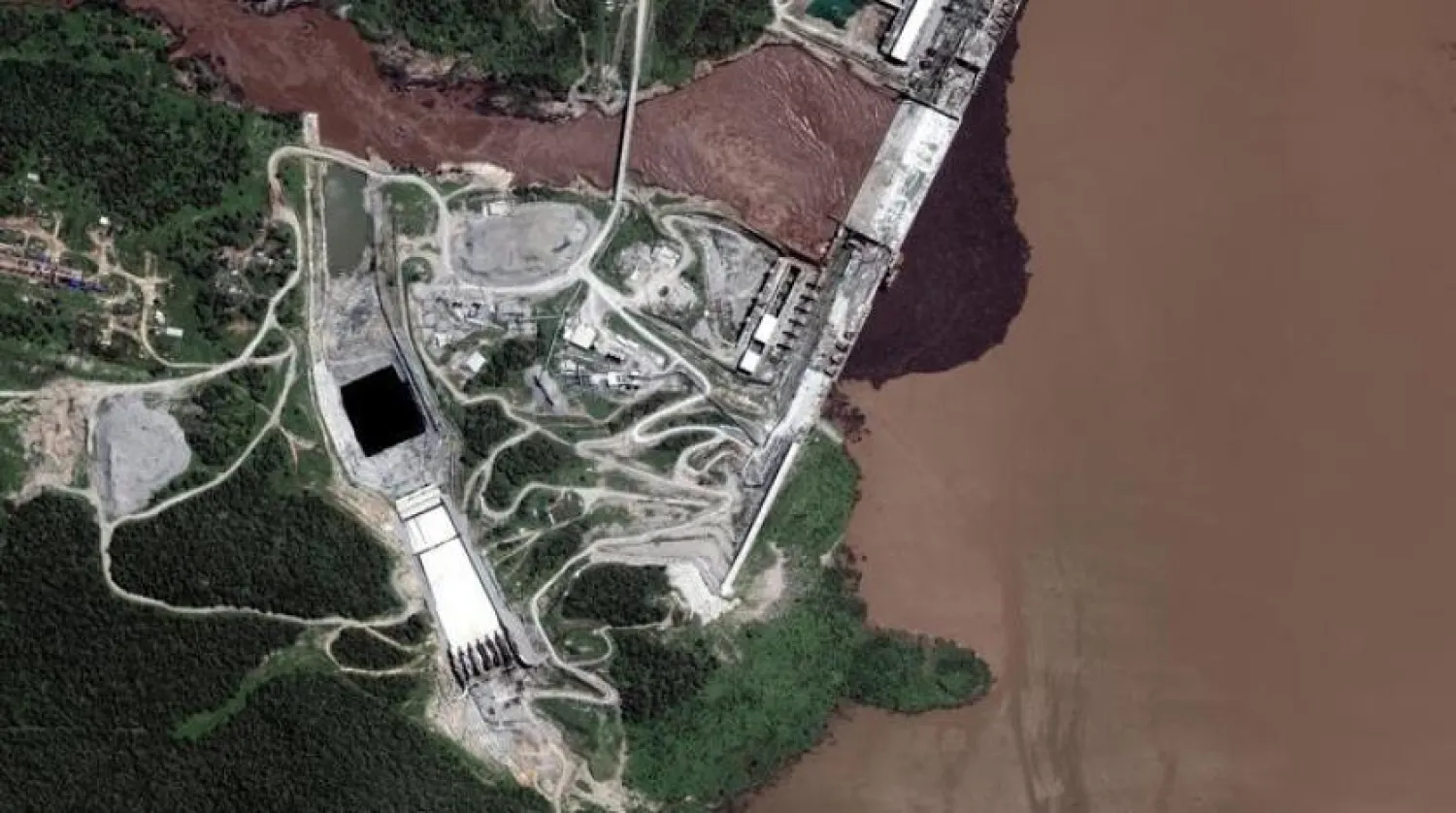 A handout satellite image shows a closeup view of the Grand Ethiopian Renaissance Dam (GERD) and the Blue Nile River in Ethiopia July 12, 2020. Satellite image ©2020 Maxar Technologies via REUTERS 
