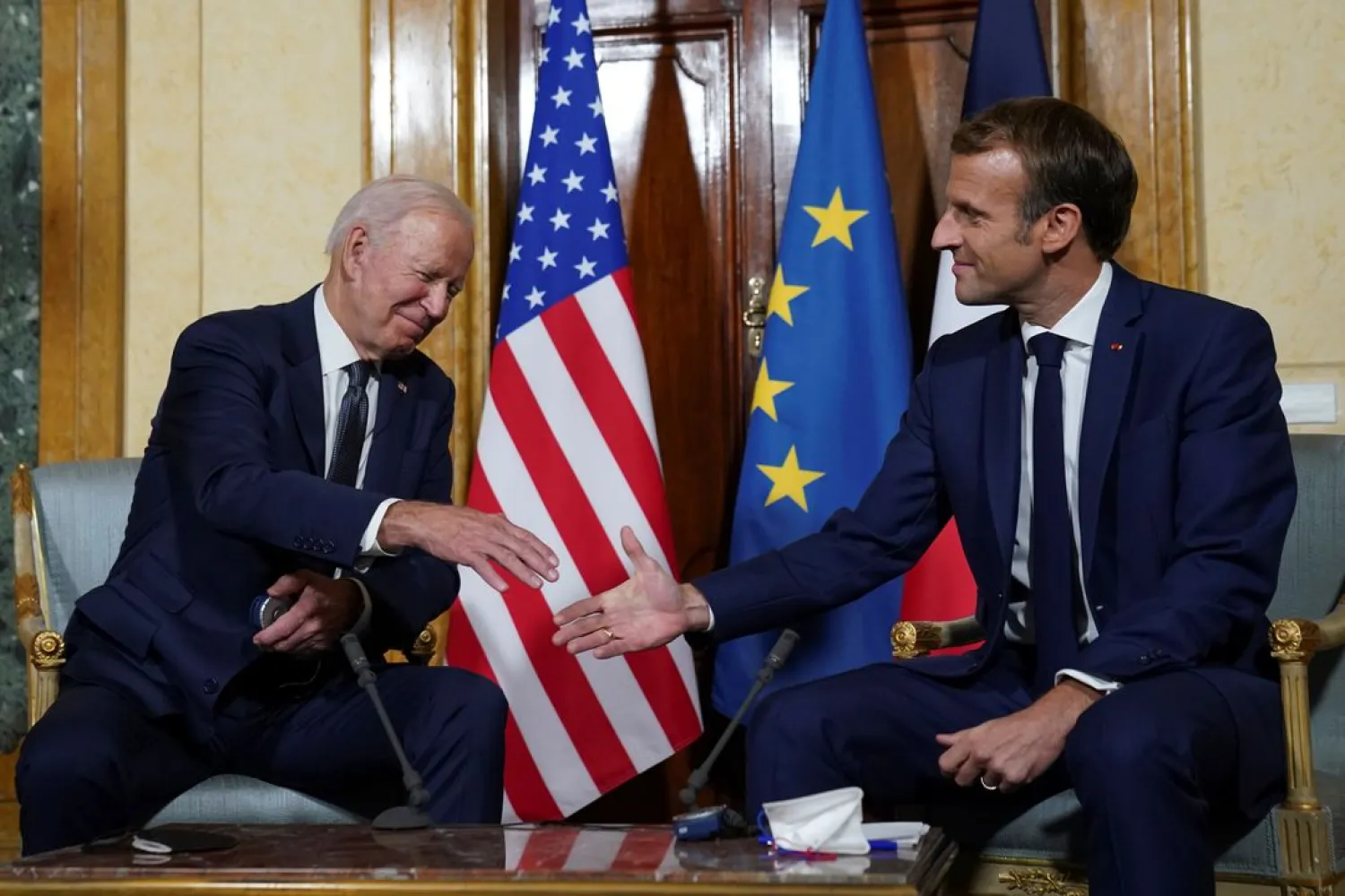 US President Joe Biden meets with French President Emmanuel Macron ahead of the G20 summit in Rome, Italy October 29, 2021. (Reuters)