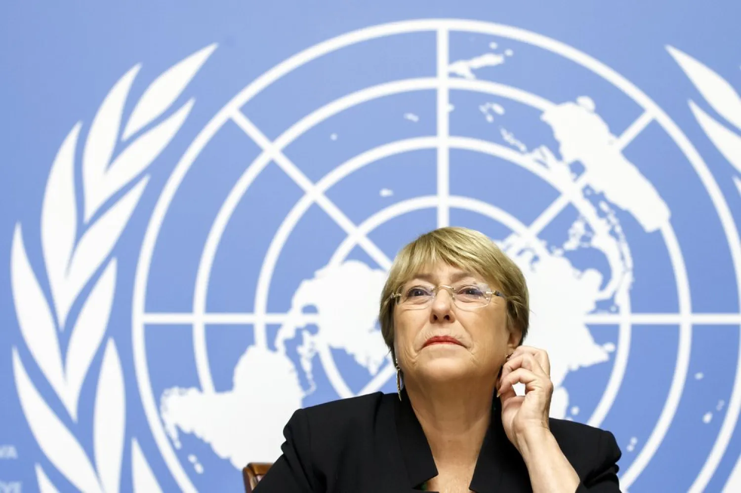 UN High Commissioner for Human Rights Chilean Michelle Bachelet listens to the media one year after she took office, during a press conference at the European headquarters of the United Nations in Geneva, Switzerland, Wednesday, September 4, 2019. (Salvatore Di Nolfi/Keystone via AP)
