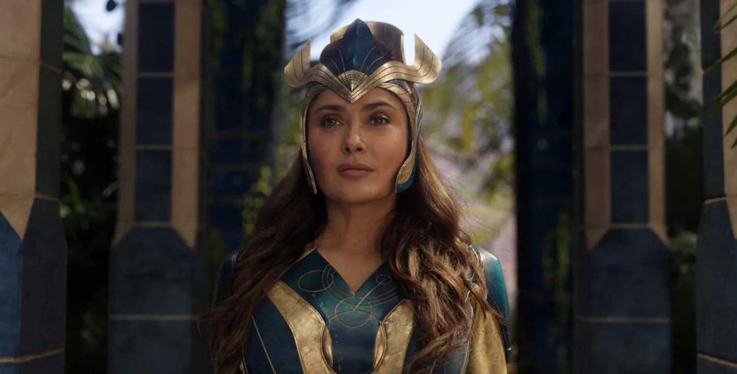 This image released by Marvel Studios shows Salma Hayek in a scene from “Eternals.” (Marvel Studios via AP)