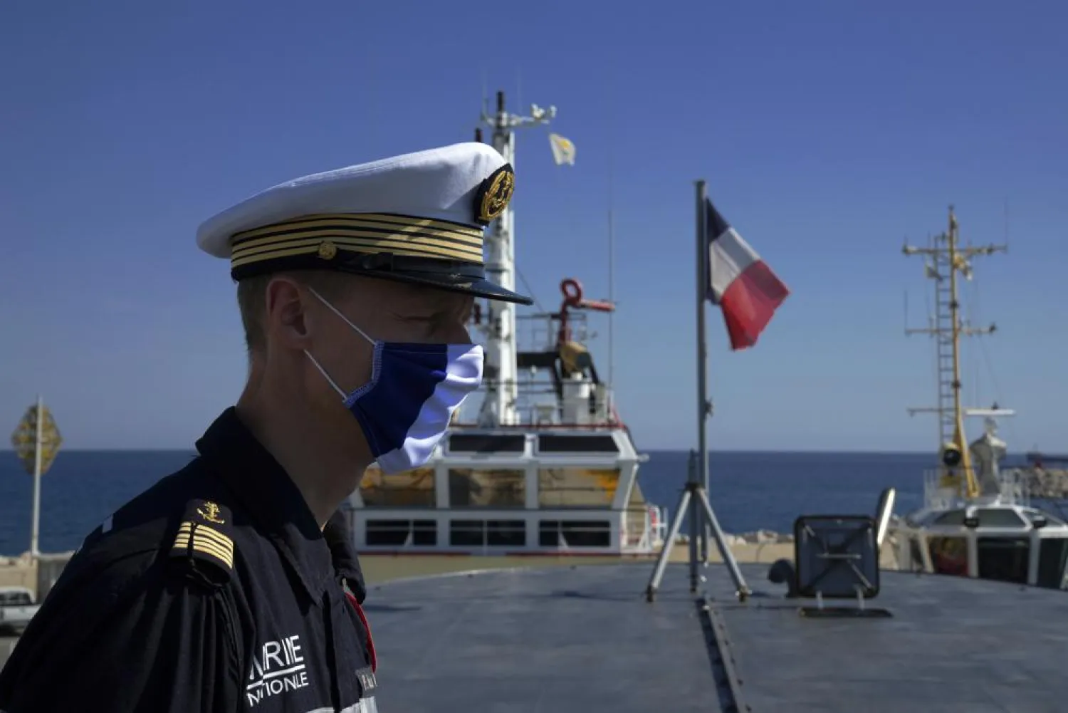 Paul Marveilleux, captain of the French frigate Auvergne, looks on during a port call at Cyprus' port of Larnaca on Monday, Nov. 8, 2021. (AP)