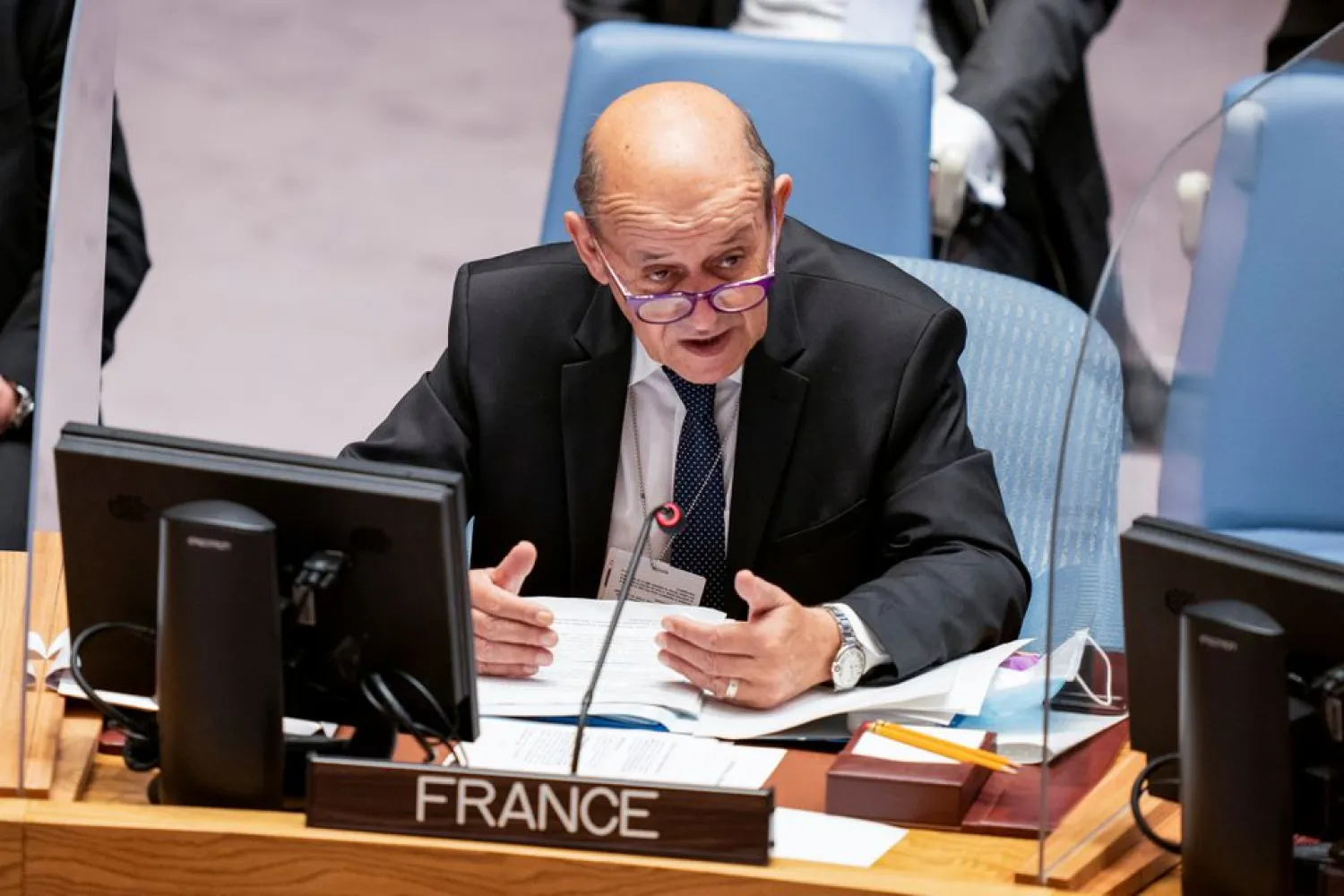 French Foreign Minister Jean-Yves Le Drian speaks during a meeting of the United Nations Security Council at the 76th Session of the UN General Assembly in New York, US September 23, 2021. John Minchillo/Pool via REUTERS




