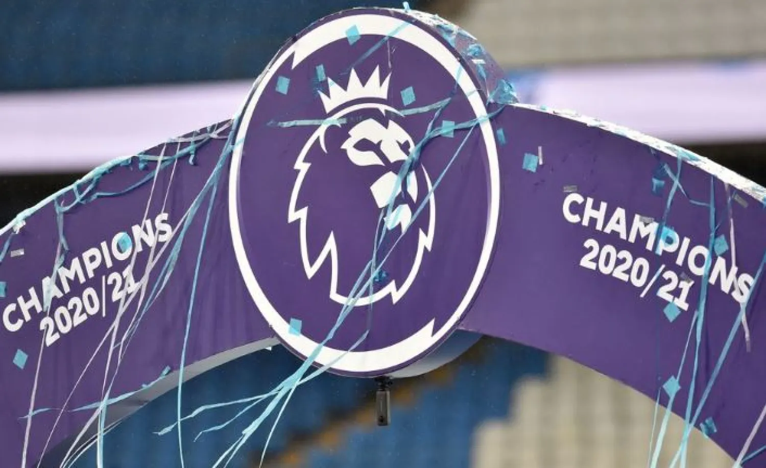 Soccer Football - Premier League - Manchester City v Everton - Etihad Stadium, Manchester, Britain - May 23, 2021 General view of the Premier League logo seen on the trophy presentation stage Pool via REUTERS/Peter Powell

