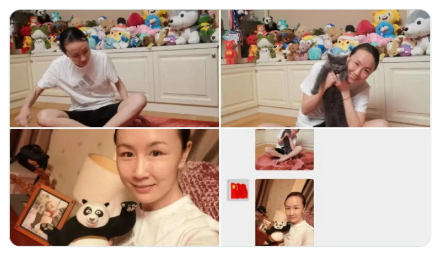 تغريدة تُظهر صوراً للاعبة كرة المضرب الصينية بينغ شواي مبتسمة في منزلها (رويترز)