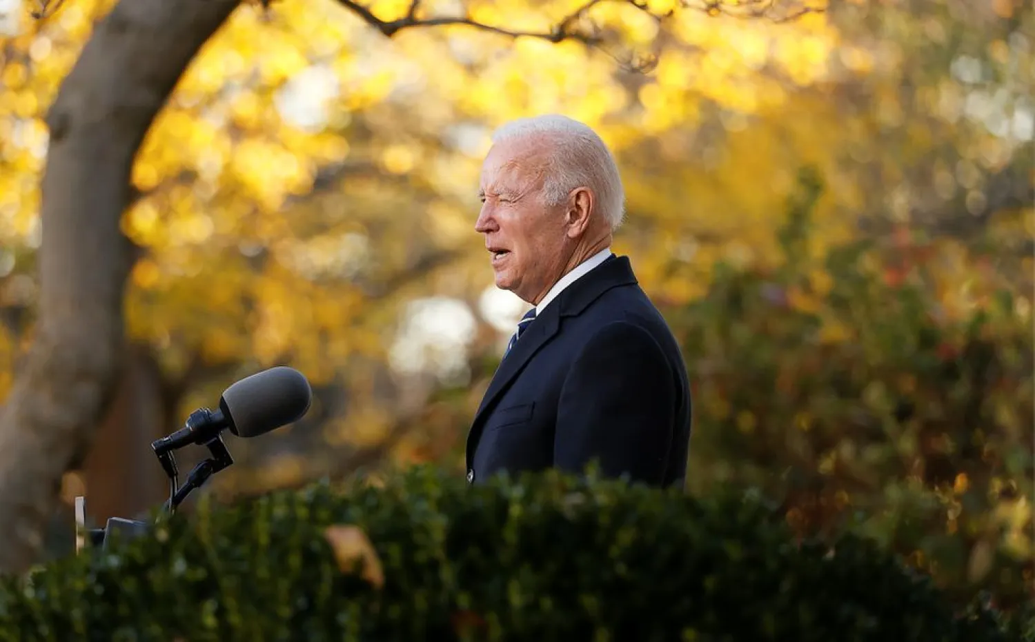 US President Joe Biden speaks during the 74th National Thanksgiving Turkey Presentation in the Rose Garden at the White House in Washington, US, November 19, 2021. REUTERS/Jonathan Ernst