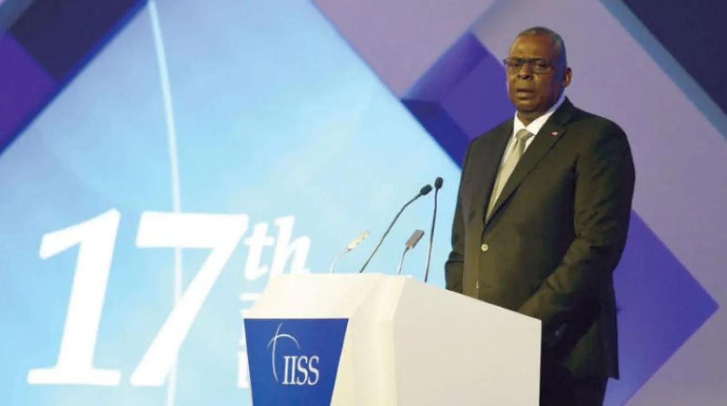 Austin speaks at the Manama forum on Saturday. (AFP)