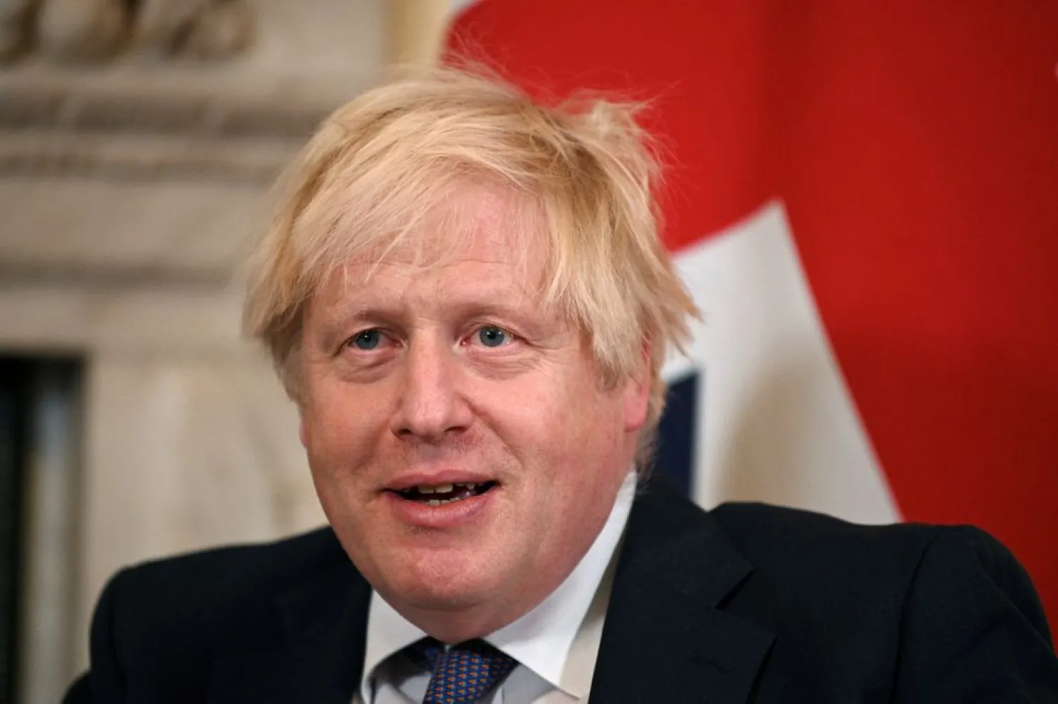 British Prime Minister Boris Johnson speaks during a meeting with Greek Prime Minister Kyriakos Mitsotakis at Downing Street, in London, Britain, November 16, 2021. (Reuters)