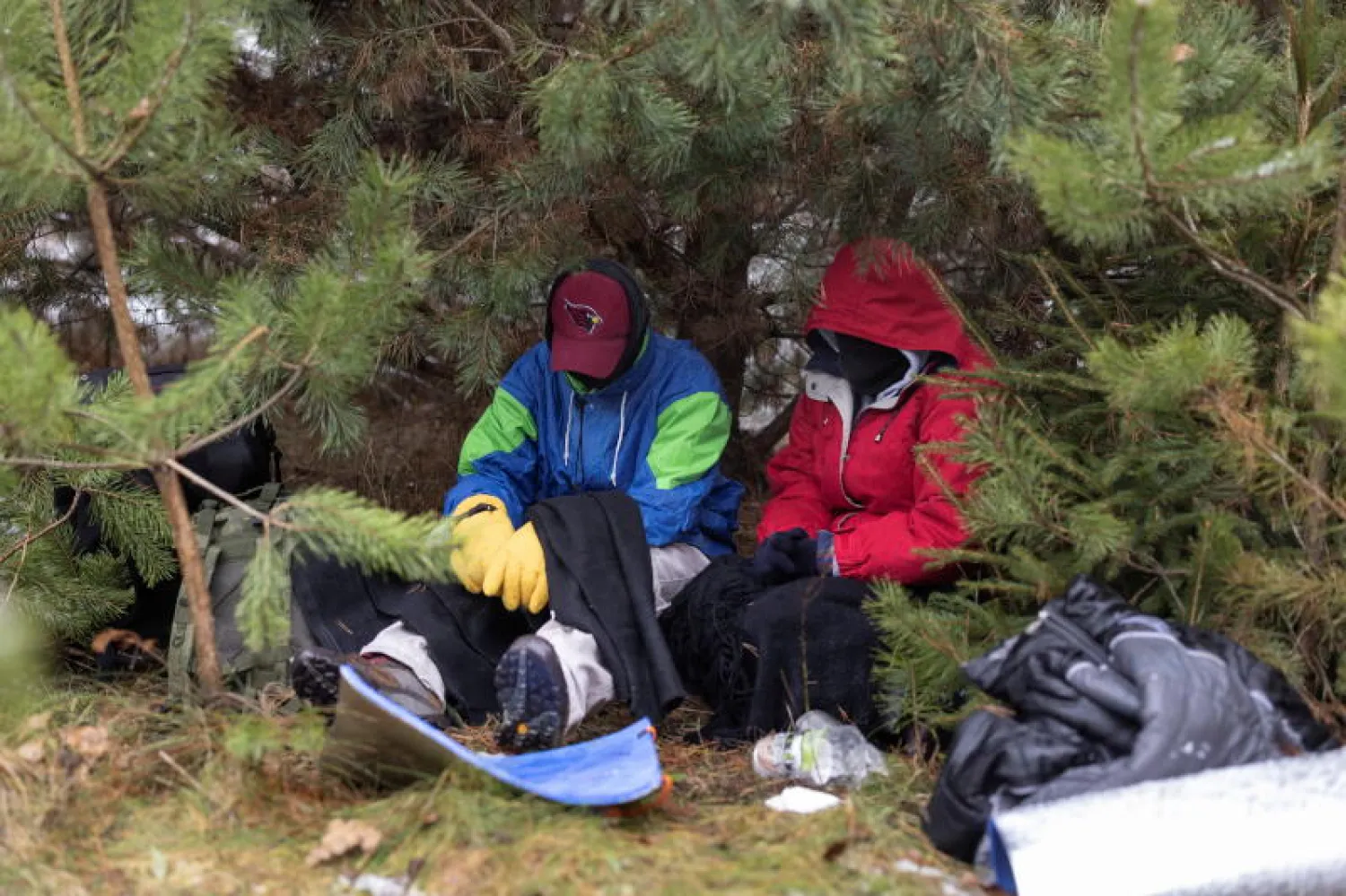سوري وشقيقته مهاجران من سوريا يجلسان في غابة قرب حدود بيلاروسيا مع بولندا (رويترز)