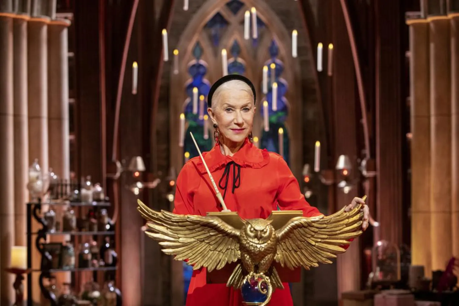 This image released by Turner Entertainment shows Helen Mirren hosting the quiz show "Harry Potter: Hogwarts Tournament of Houses." The weekly, four-part series debuts 8 p.m. EST Sundays on TBS and Cartoon Network. (Turner Entertainment via AP)