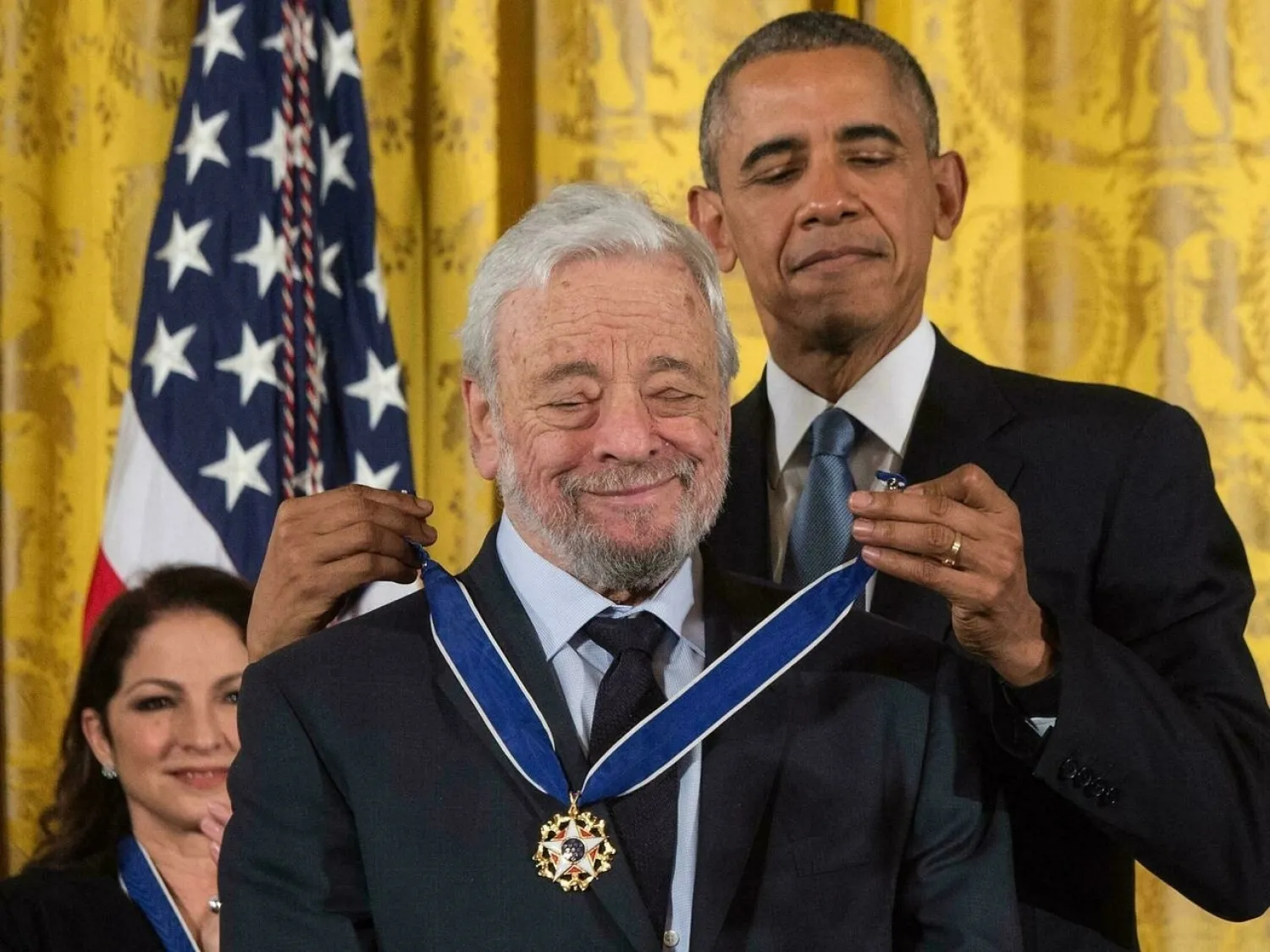 Then-US president Barack Obama presents the Presidential Medal of Freedom to Broadway composer and lyricist Stephen Sondheim at the White House in Washington, DC, on November 24, 2015 NICHOLAS KAMM AFP/File
