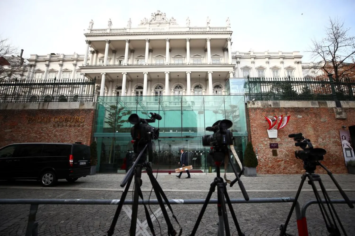 Cameras stand outside Palais Coburg, the site of a meeting of the Joint Comprehensive Plan of Action (JCPOA), in Vienna, Austria, November 29, 2021. (Reuters)