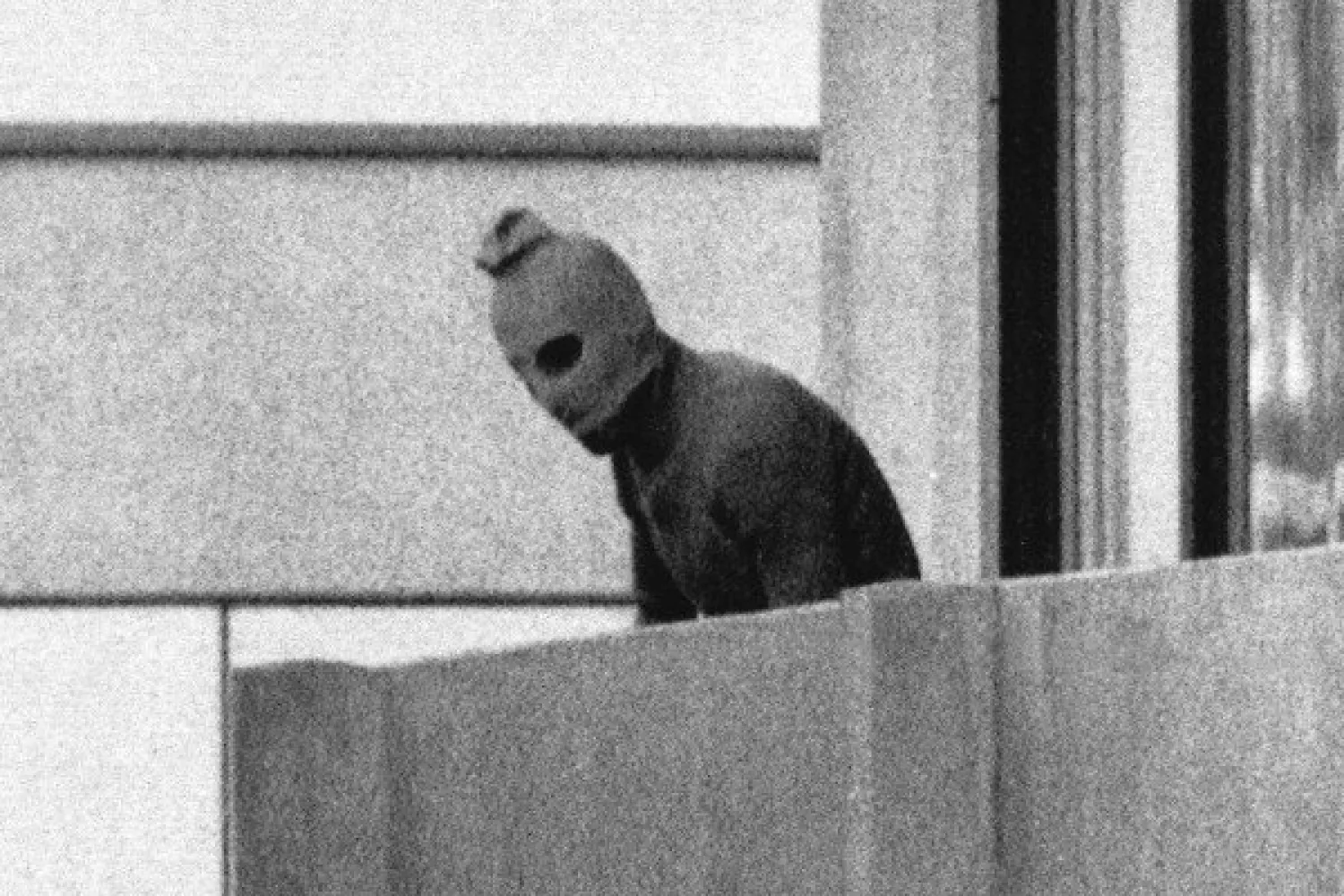 A Palestinian gunman at the Munich Olympic village where members of the Israeli team were held hostage, Sept. 5, 1972. (AP/Kurt Strumpf, File) 