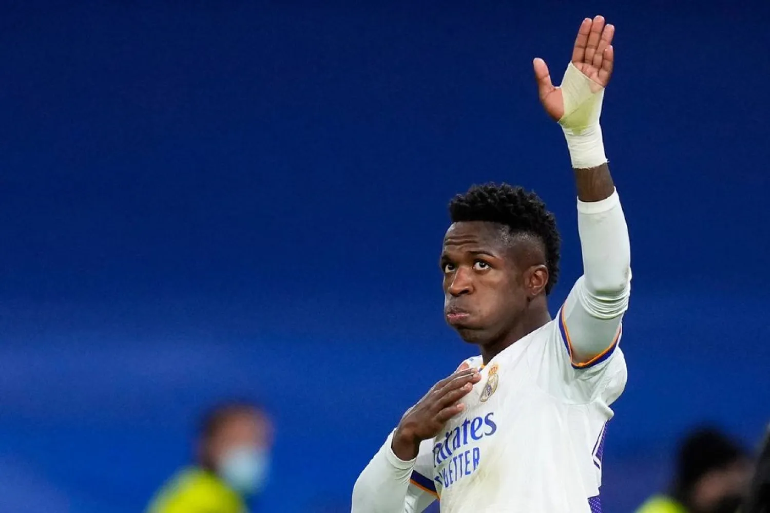 Real Madrid's Vinicius Junior celebrates after scoring his side's second goal during the match between Real Madrid and Sevilla at the Bernabeu stadium in Madrid, Spain, Sunday, Nov. 28, 2021. (AP)
