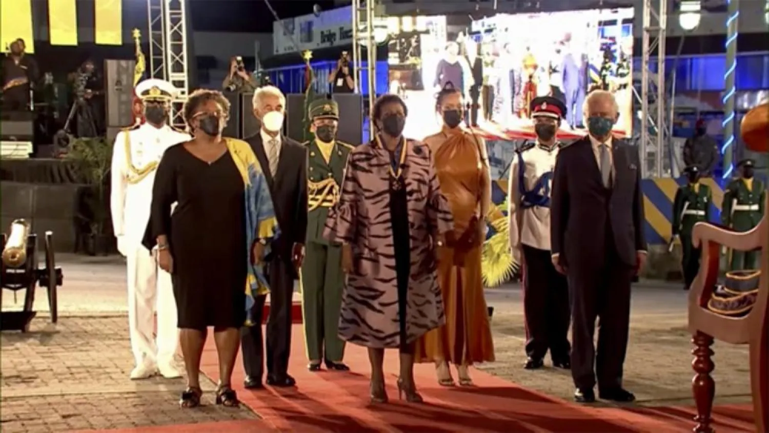 In this image made from video provided by Prime Minister's office, Barbados' Prime Minister Mia Mottley, left, former cricketer Garfield Sobers, center left, President Sandra Mason, center, singer Rihanna Fenty, center right, and Prince Charles, right, attend the presidential inauguration ceremony in Bridgetown, Barbados on Tuesday Nov. 30, 2021. (Prime Minister's Office via AP)
