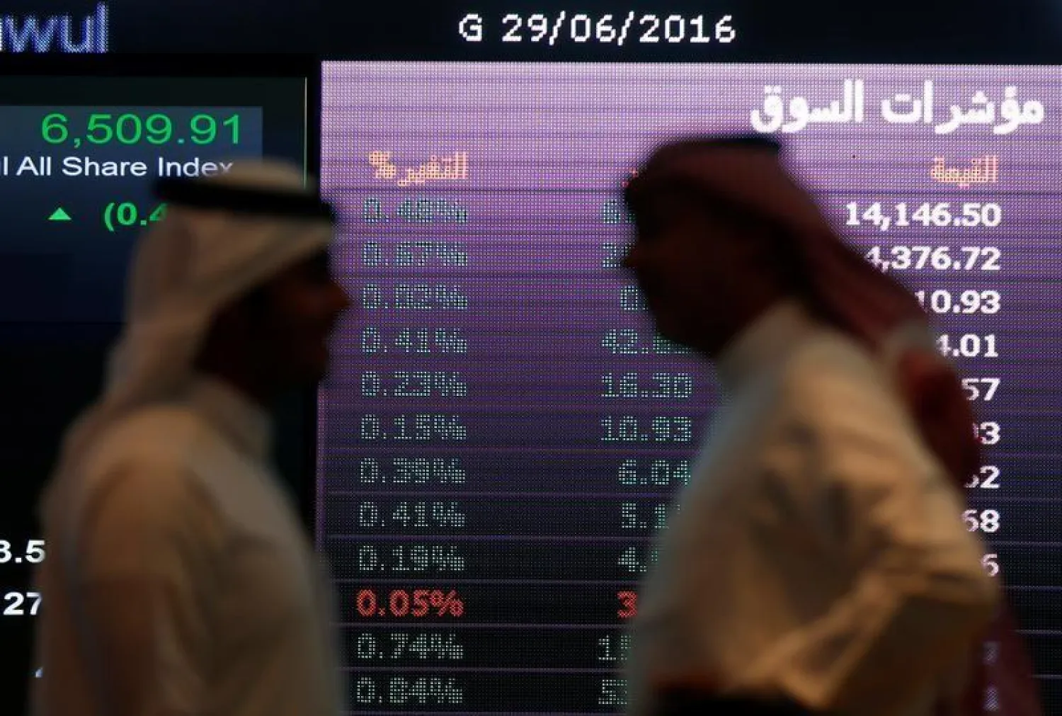 Investors talk with each other as they monitor a screen displaying stock information at the Saudi Stock Exchange (Tadawul) in Riyadh, Saudi Arabia (Reuters file photo)