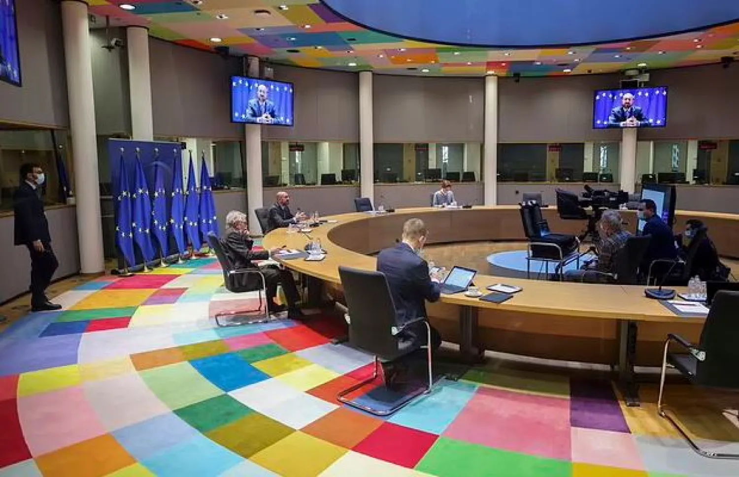 European Council President Charles Michel gives a speech via a video conference during a special session of World Health Assembly at the European Council building in Brussels, Tuesday, Nov. 29, 2021. (Francois Walschaerts/Pool Photo via AP)

