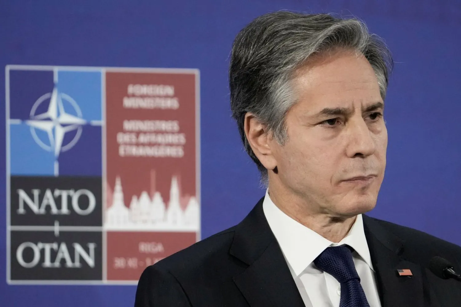 US Secretary of State Antony Blinken looks on during the NATO Foreign Ministers summit in Riga, Latvia December 1, 2021. (Reuters)