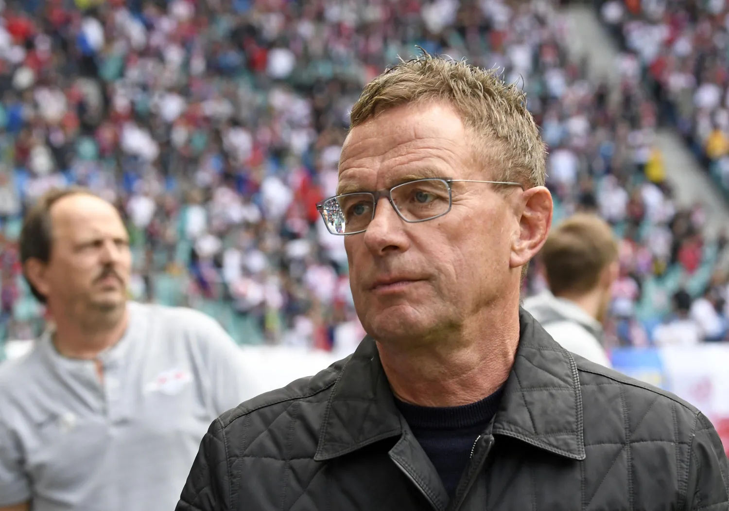 FILE - Leipzig's head coach Ralf Rangnick arrives for the German Bundesliga soccer match between RB Leipzig and SC Freiburg in Leipzig, Germany, on April 27, 2019.  (AP Photo/Jens Meyer, File)

