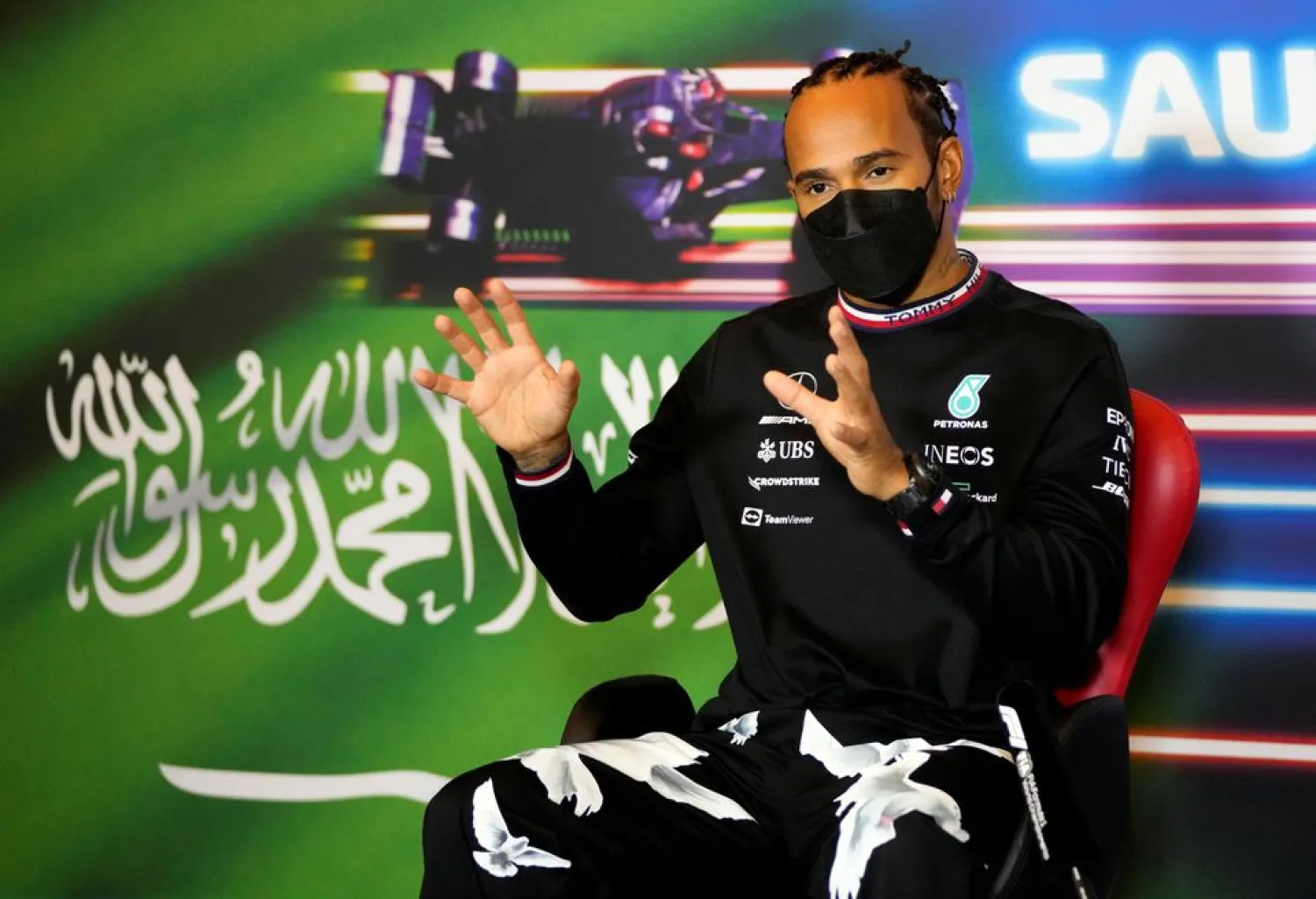 Mercedes' Lewis Hamilton during a press conference at the Jeddah Corniche Circuit, Jeddah, Saudi Arabia, December 2, 2021. (Reuters)
