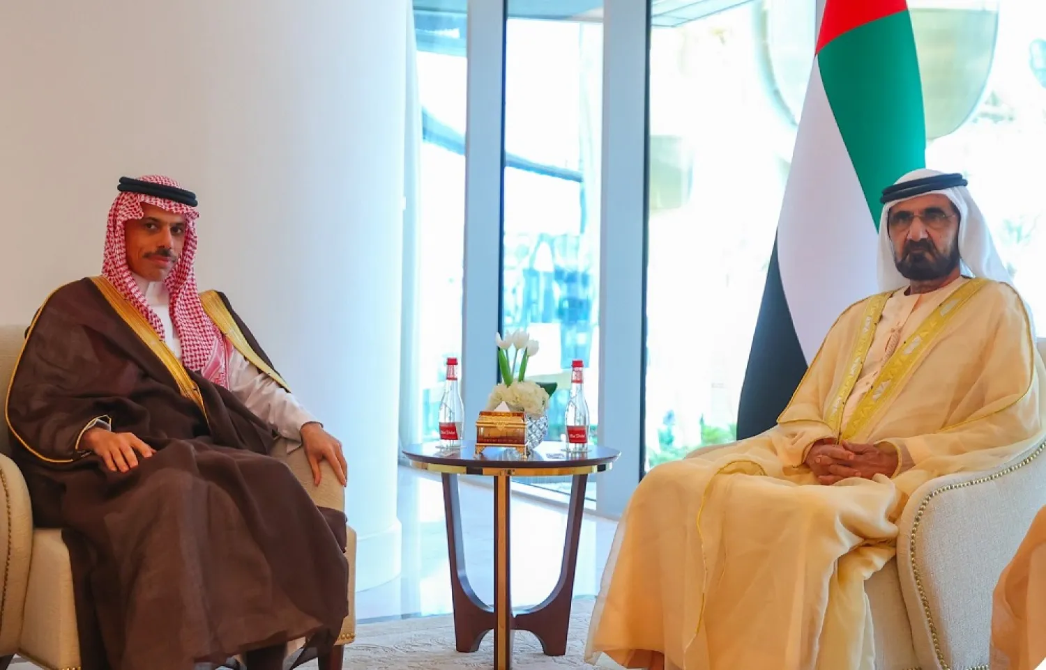 Saudi FM Prince Faisal bin Farhan meets Ruler of Dubai Sheikh Mohammed bin Rashid al-Maktoum. (Saudi Foreign Ministry)