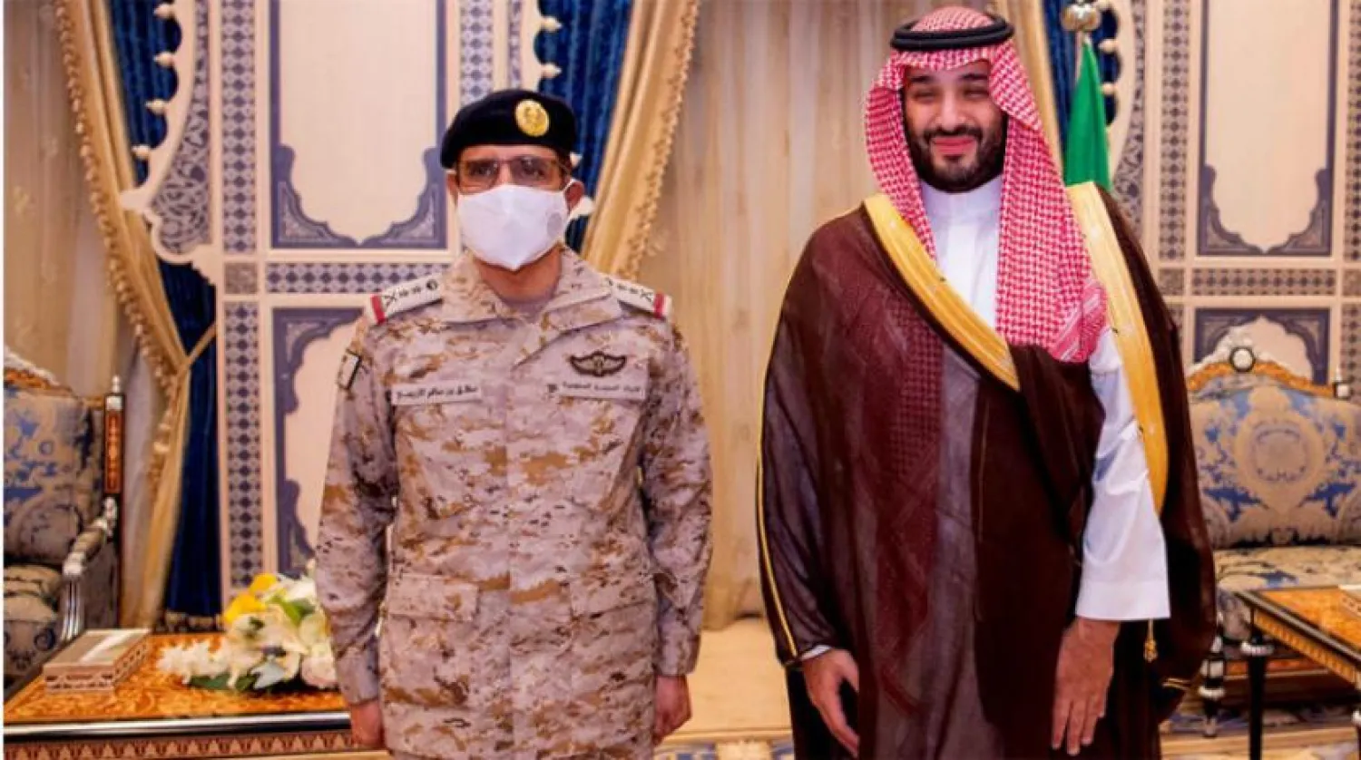  The Saudi Crown Prince with General Mutlaq al-Azima, Commander of the Joint Forces, after assuming his new post. (SPA) 
