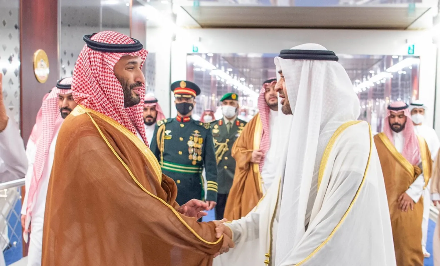 Crown Prince Leaves Abu Dhabi and is seen off by Crown Prince of Abu Dhabi. (SPA)