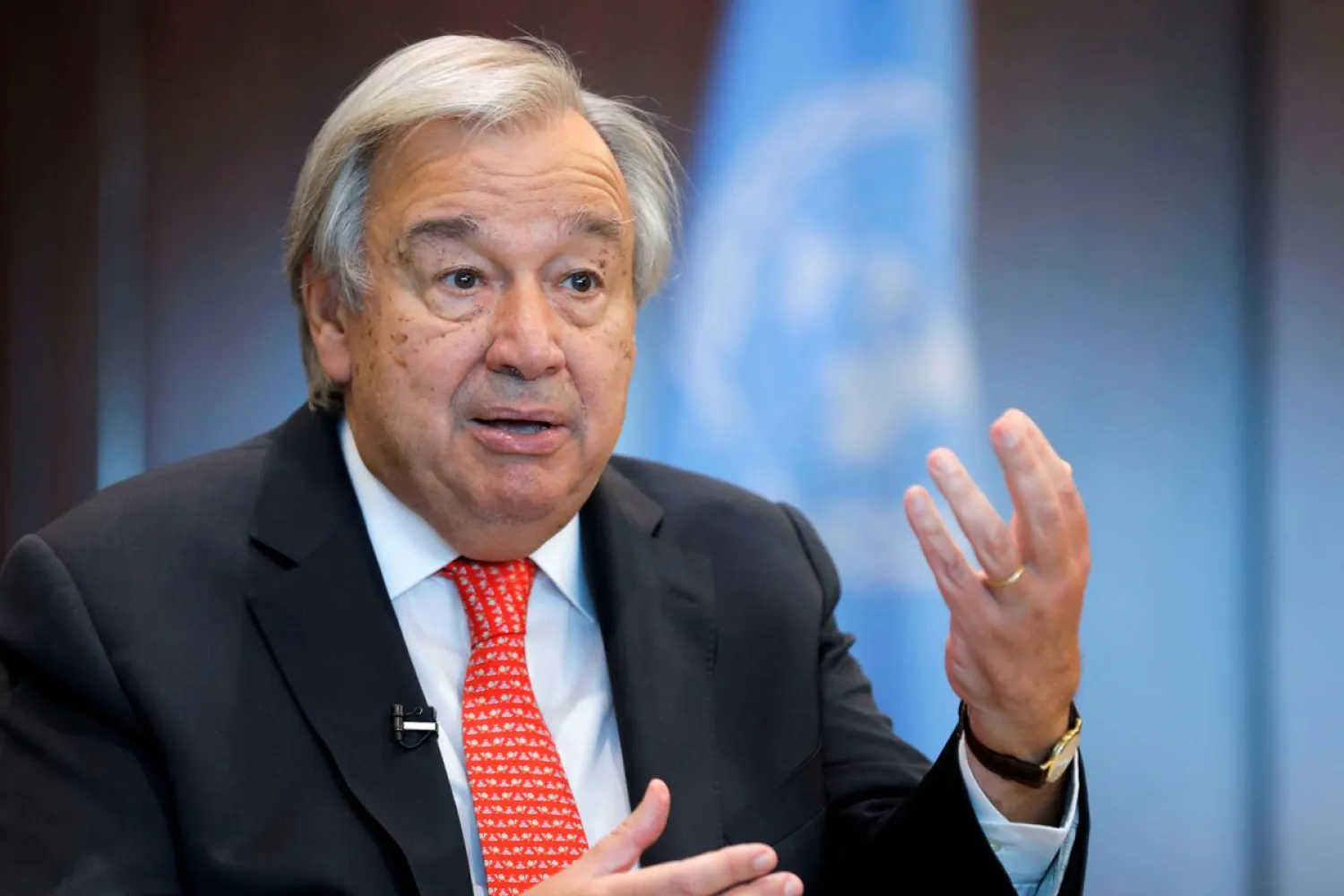 United Nations Secretary-General Antonio Guterres gestures during an interview with Reuters at the United Nations Headquarters in Manhattan, New York City, US, September 15, 2021. REUTERS/Andrew Kelly
