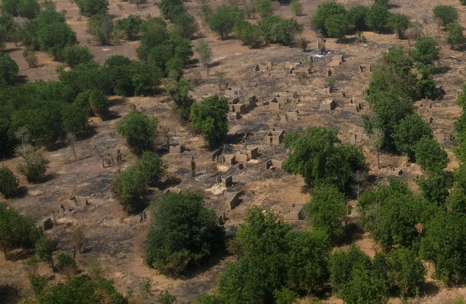 An aerial view of buildings standing on scorched ground that have been destroyed in the conflict with Boko Haram in the Bama region of Borno state, Nigeria November 23, 2017. REUTERS/Paul Carsten/File Photo