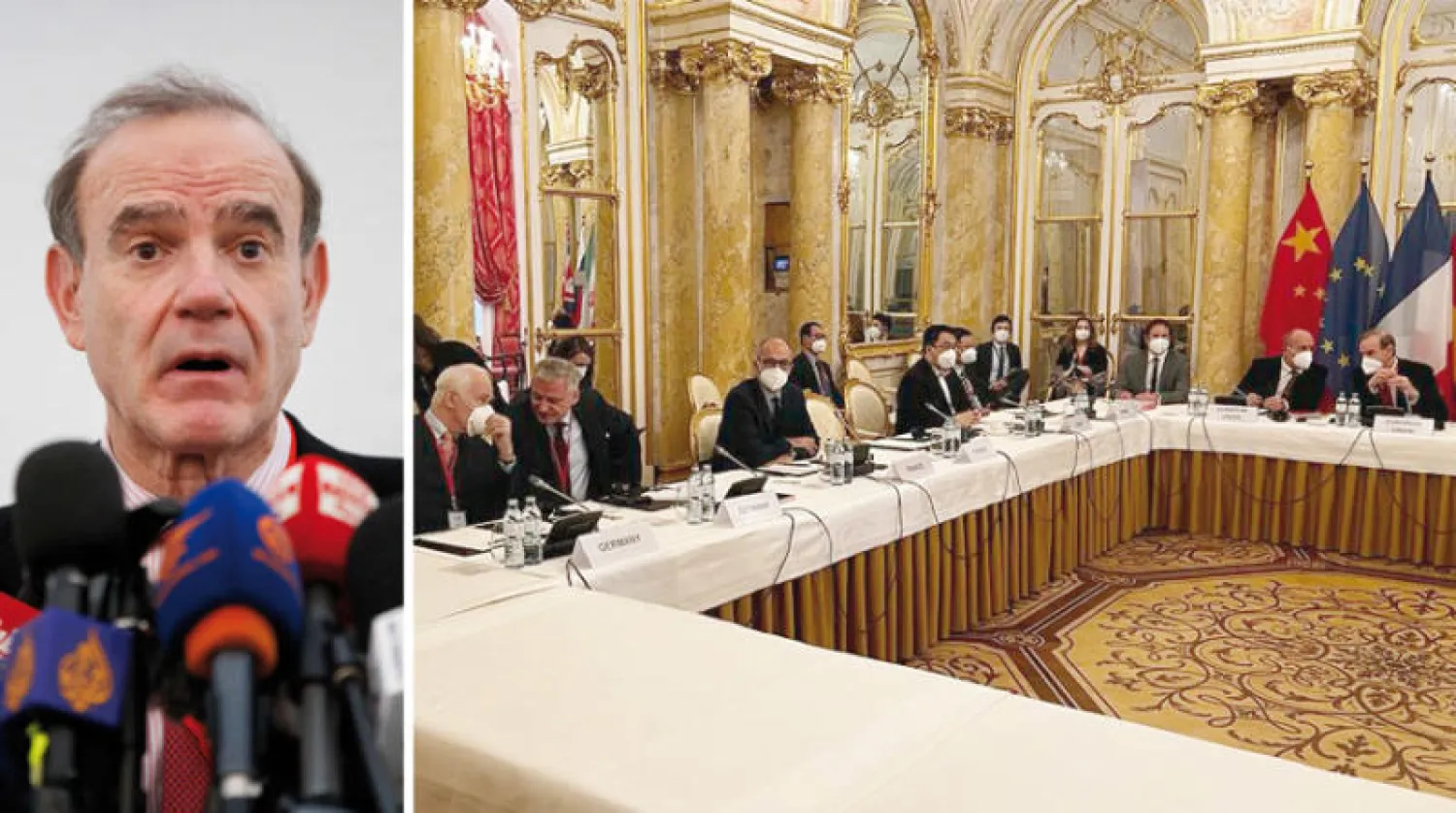 صورة نشرتها اللجنة المنسقة الأوروبية من محادثات أطراف الاتفاق النووي في فيينا أمس  -  مورا في مؤتمر صحافي بفيينا أمس (رويترز)