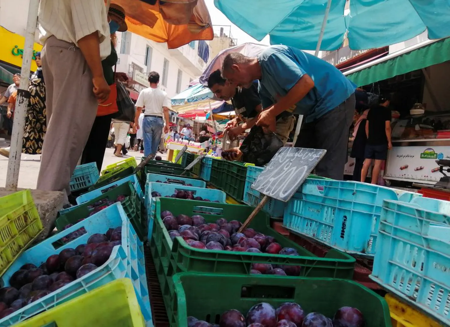 People shop for fruits at Sidi Bahri market in Tunis, Tunisia August 12, 2021. Picture taken August 12, 2021. (Reuters)