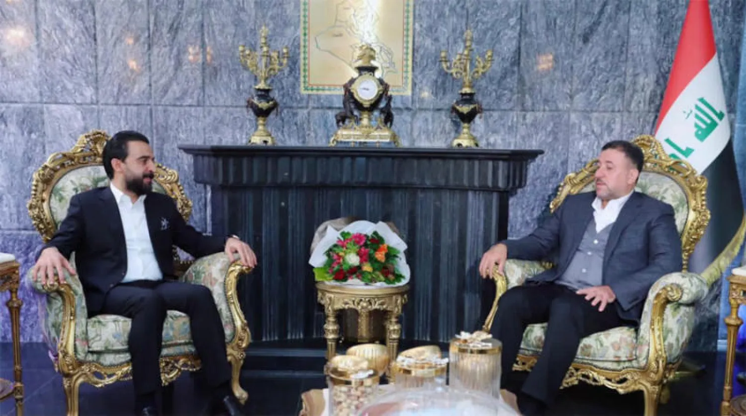 صورة أرشيفية لرئيس مجلس النواب العراقي محمد الحلبوسي والأمين العام للمشروع العربي في العراق خميس الخنجر أثناء لقاء سابق (واع)