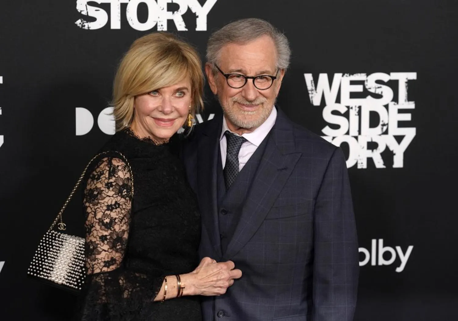 Steven Spielberg, director/producer of "West Side Story," poses with his wife Kate Capshaw at the premiere of the film, Tuesday, Dec. 7, 2021, at the El Capitan Theatre in Los Angeles. (AP)
