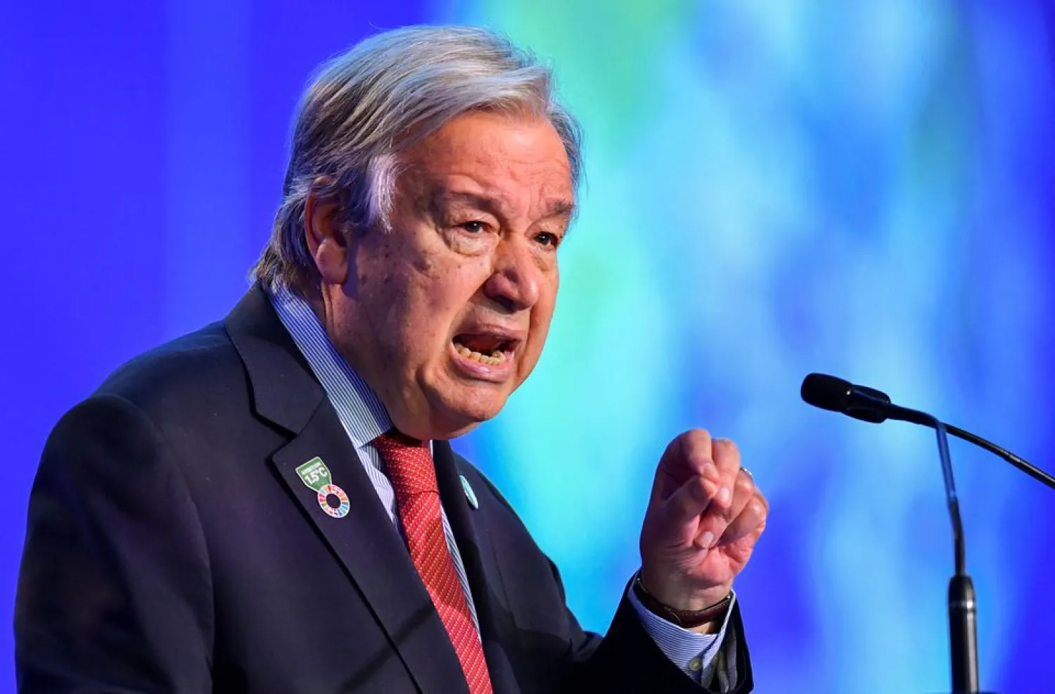UN Secretary General Antonio Guterres speaks at the UN Climate Change Conference (COP26), in Glasgow, Scotland, Britain, November 11, 2021. (Reuters)